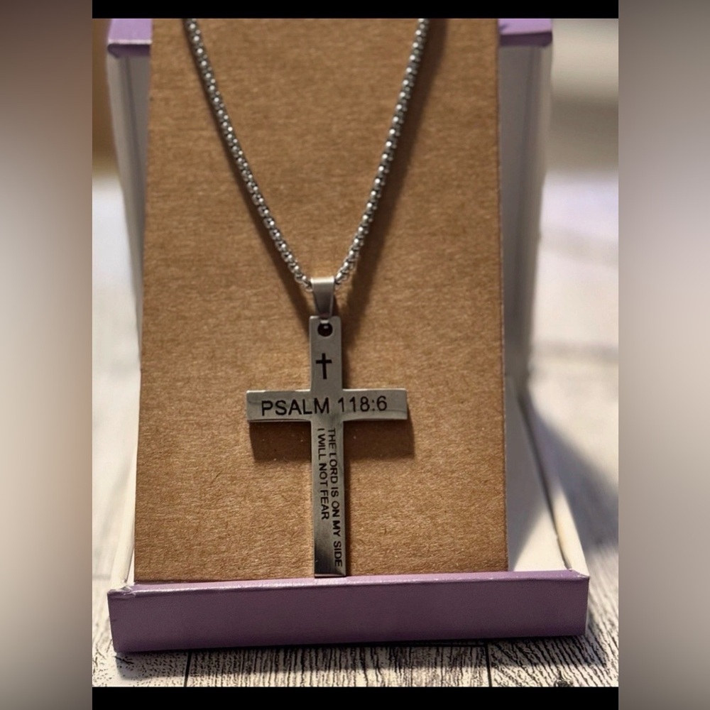 Stainless Steel Cross Necklace with Bible Verse Psalm 118:6 Christian Jewelry